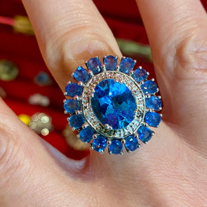 SS Blue Topaz Diamond Ring