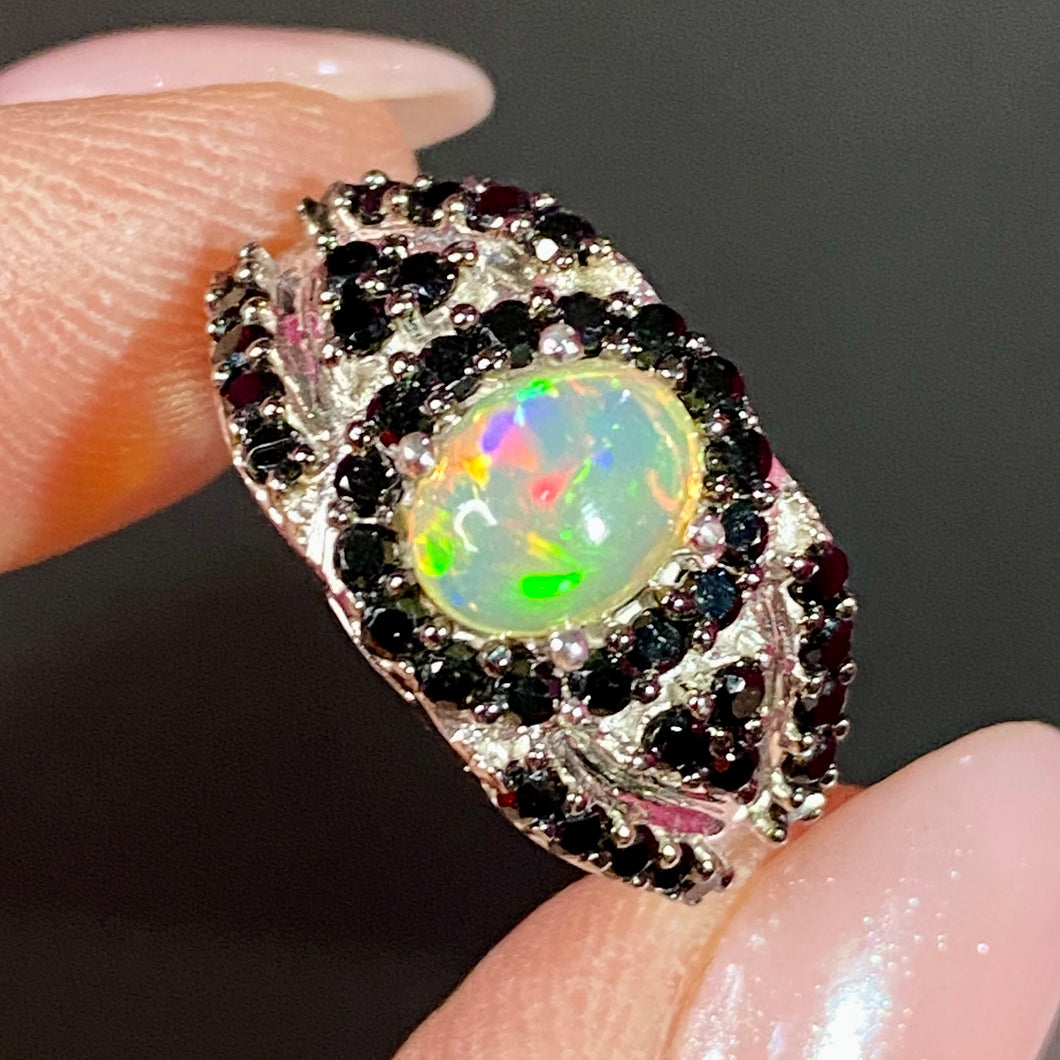 Sterling Opal & Black Spinel Ring 6