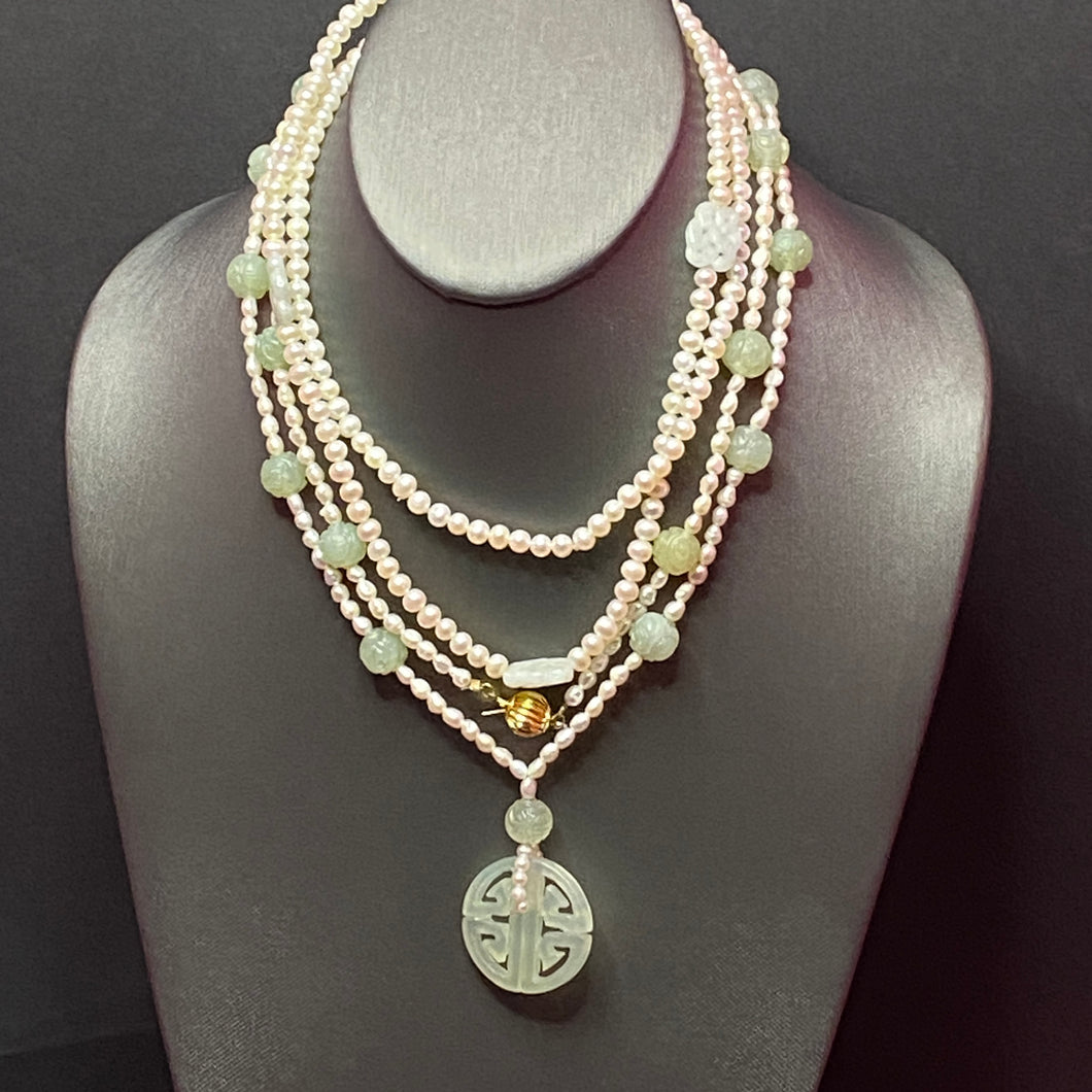 Set Of Pearl & Carved Serpentine Necklaces