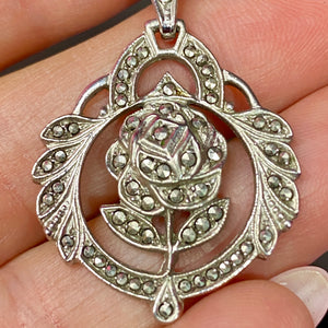 ❤️ Sterling  Marcasite Art Deco Rose Pendant