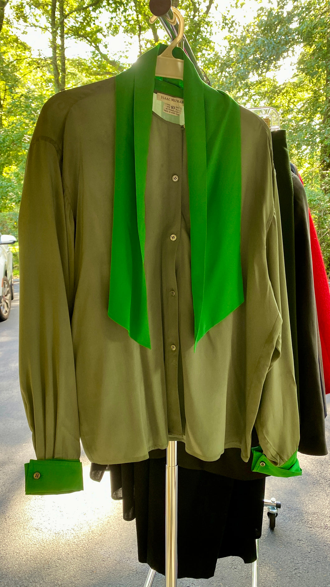 Two Tone Green Silk Pussy Bow Blouse Isaac Mizrahi