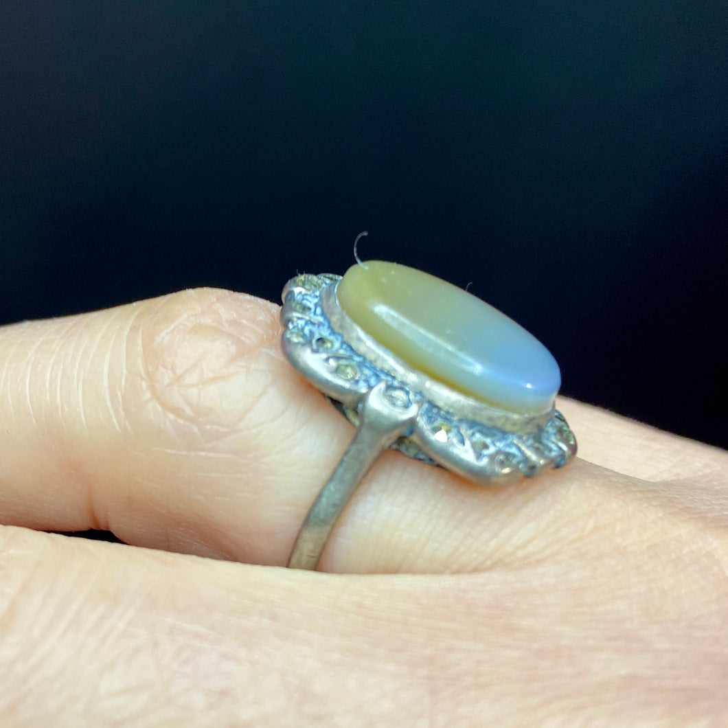 Sterling Deco Marcasite Agate Ring