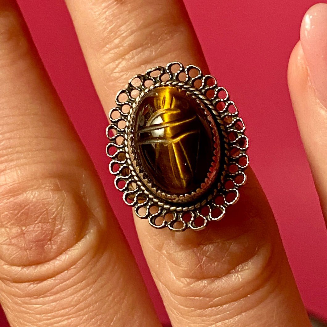 SS Tiger Eye Older Scarab Ring