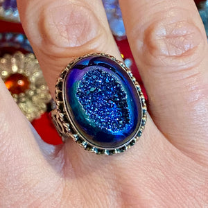 SS Blue Druzy Hand Made Band Ring