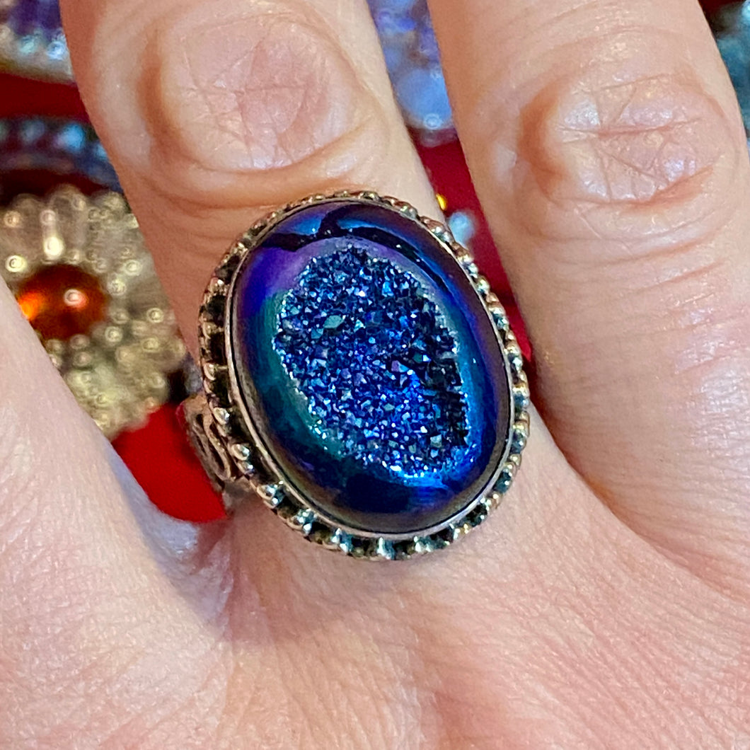 SS Blue Druzy Hand Made Band Ring