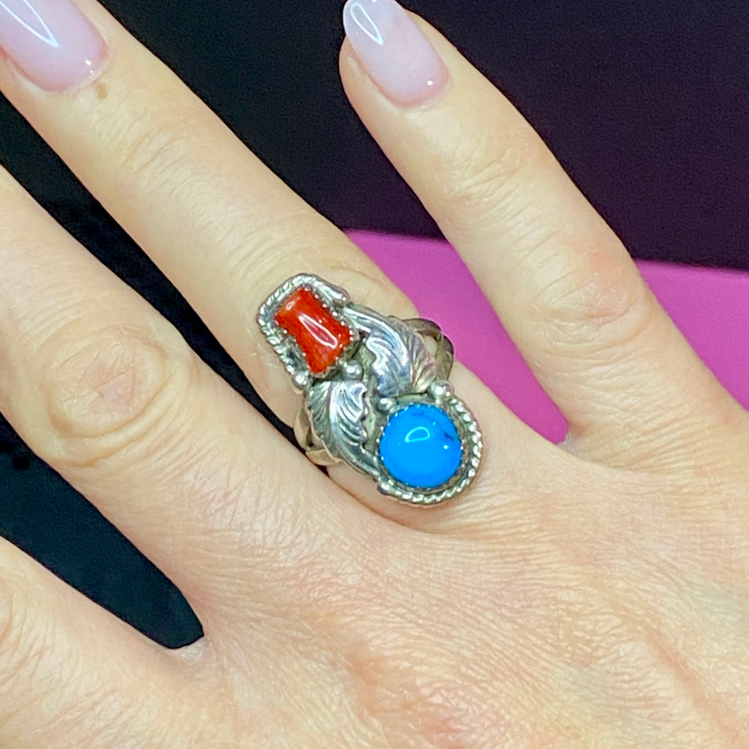 From Consigner Collection  Sterling Turquoise Coral Native American Ring