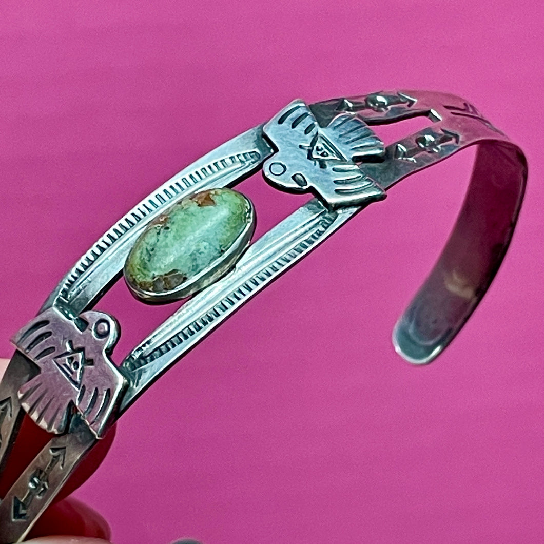 SS Turquoise Cuff Signed With Bear Claw