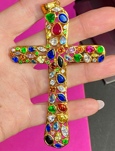 Sterling Vermeil Huge 4" Cross Faux Gemstone CZ Lab Ruby Cross