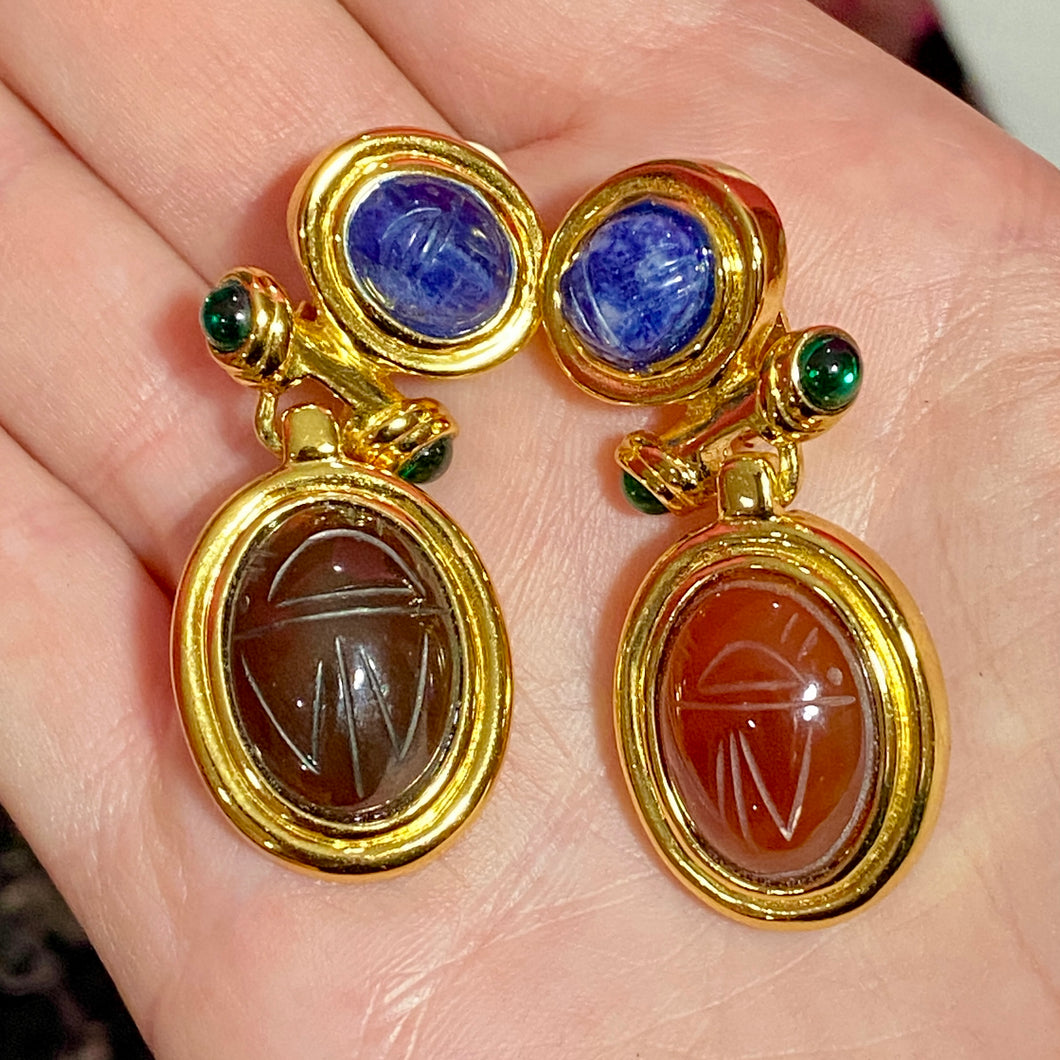 Unsigned Givenchy Carved Scarab Gemstone Earrings