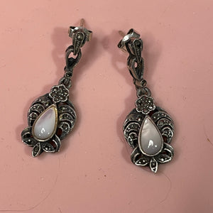 ❤️ Sterling  Marcasite MOP Art Deco Design Earrings