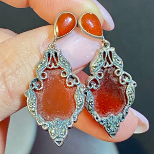 Sterling Marcasite Carnelian Art Deco Antique Earrings