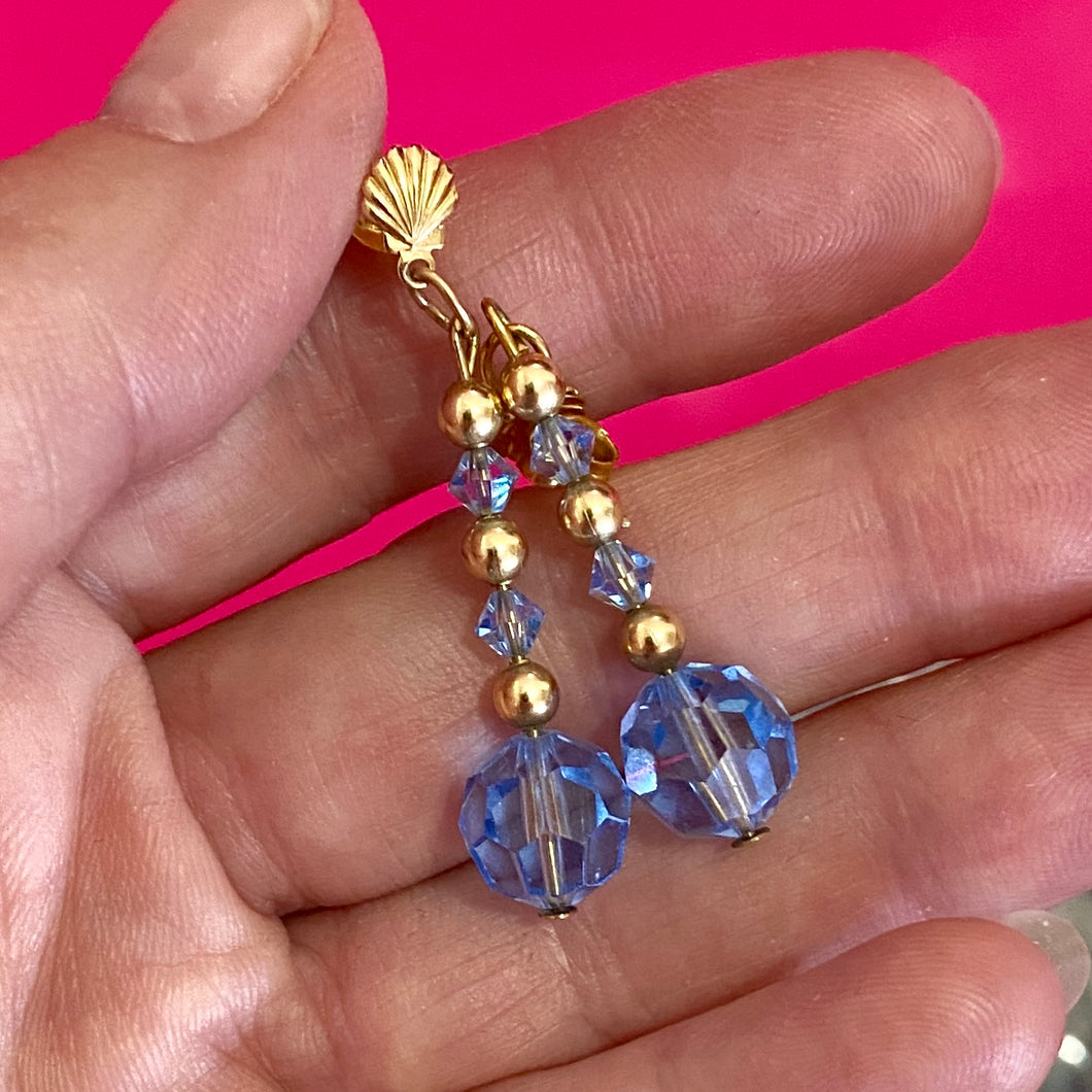 14K Gold Blue Crystal Drop Earrings