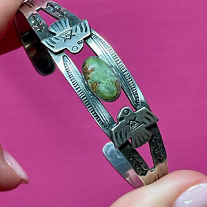 SS Turquoise Cuff Signed With Bear Claw