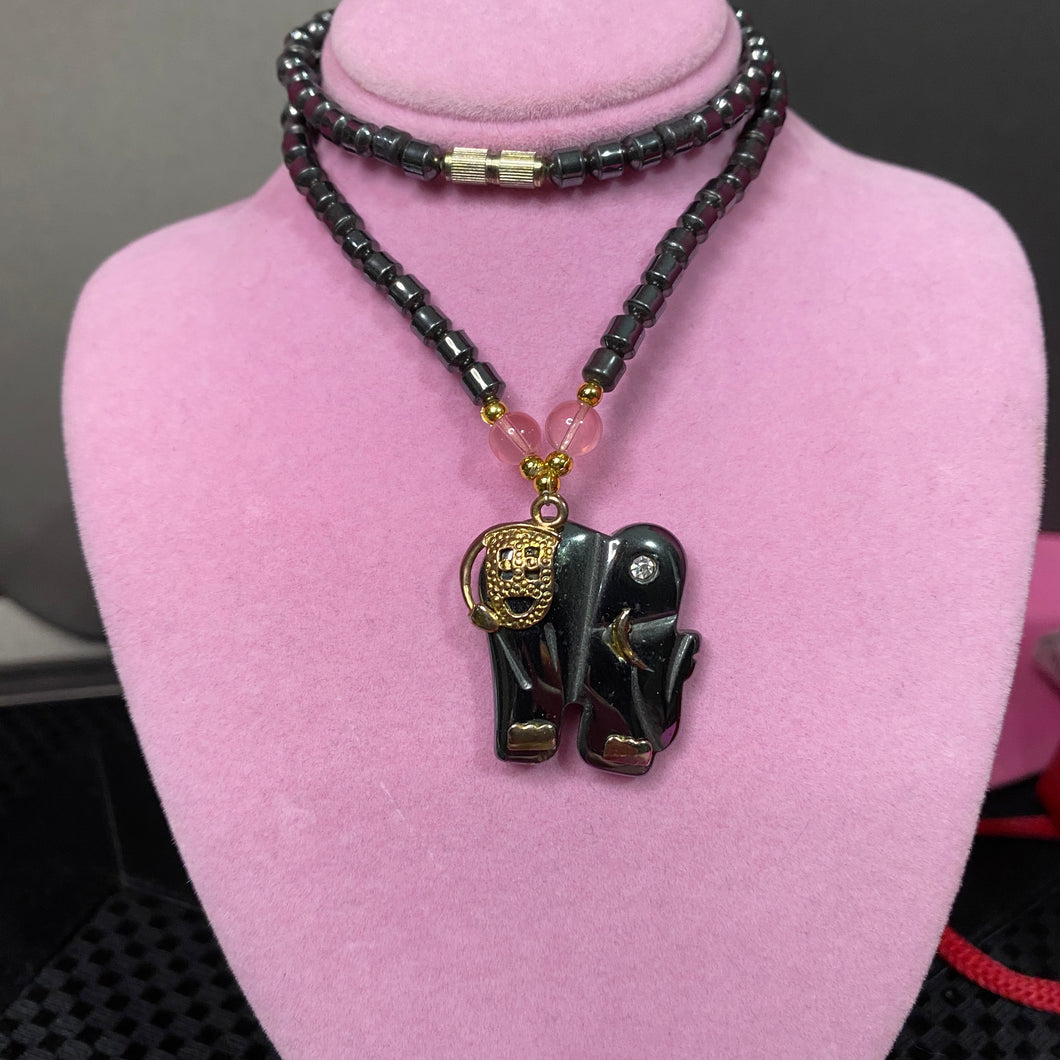 Carved Hematite With Rose Quartz Elephant