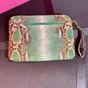 Faux Patent  Leather Snake Clutch Green