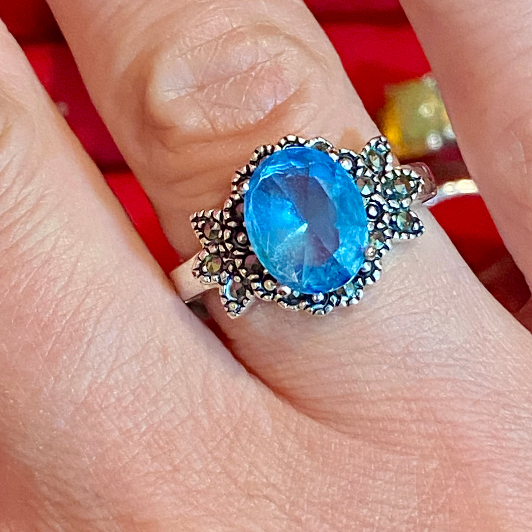 SS Blue Moonstone Marcasite Ring
