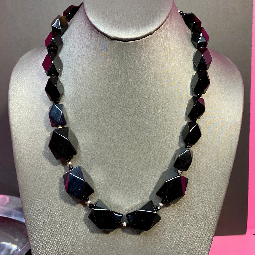 Sterling Huge Onyx Geo Bead Necklace