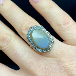 Sterling Deco Marcasite Agate Ring