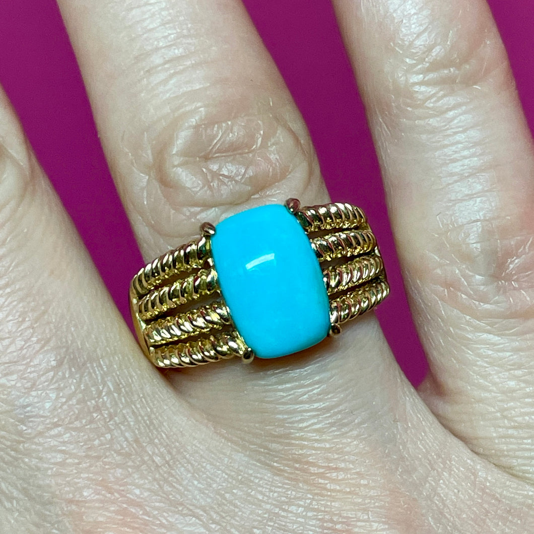 SS Gold Vermeil Turquoise Wide Rope Band Ring