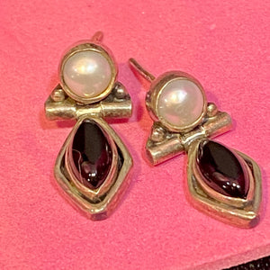 Sterling Hinged Onyx Pearl Earrings