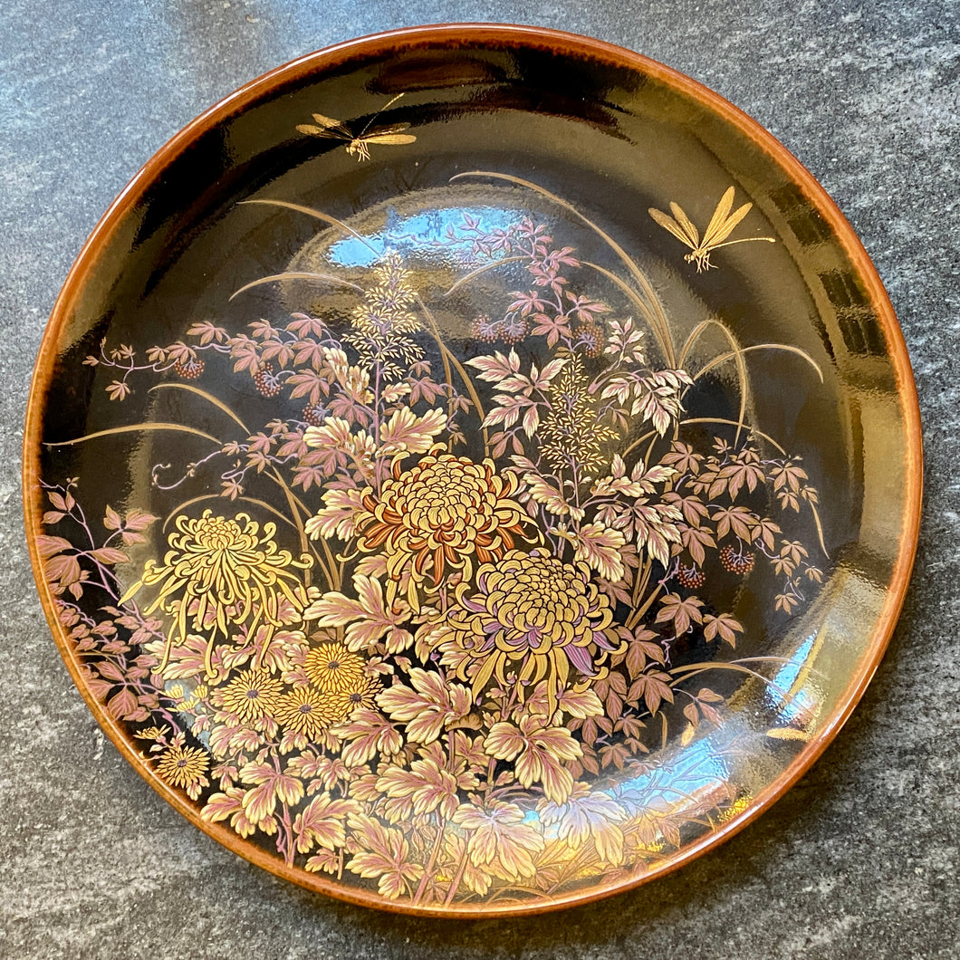 Shibata Japan Black Porcelain Plate w/ Dragonflies