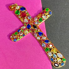 Load image into Gallery viewer, Sterling Vermeil Huge 4&quot; Cross Faux Gemstone CZ Lab Ruby Cross

