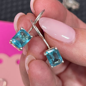 ❤️ Sterling Emerald Cut Blue Topaz Drop Earrings