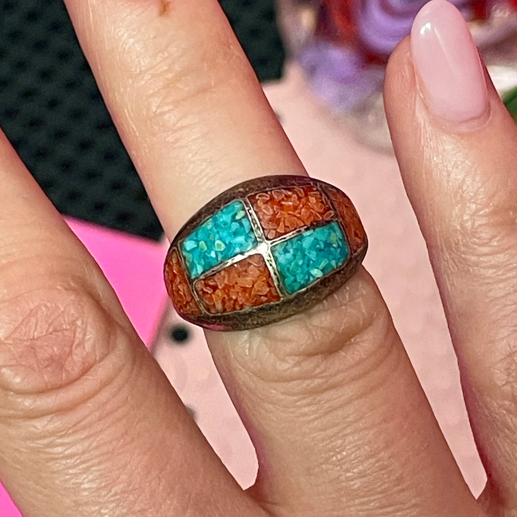 SS Inlaid Coral Turquoise Ring