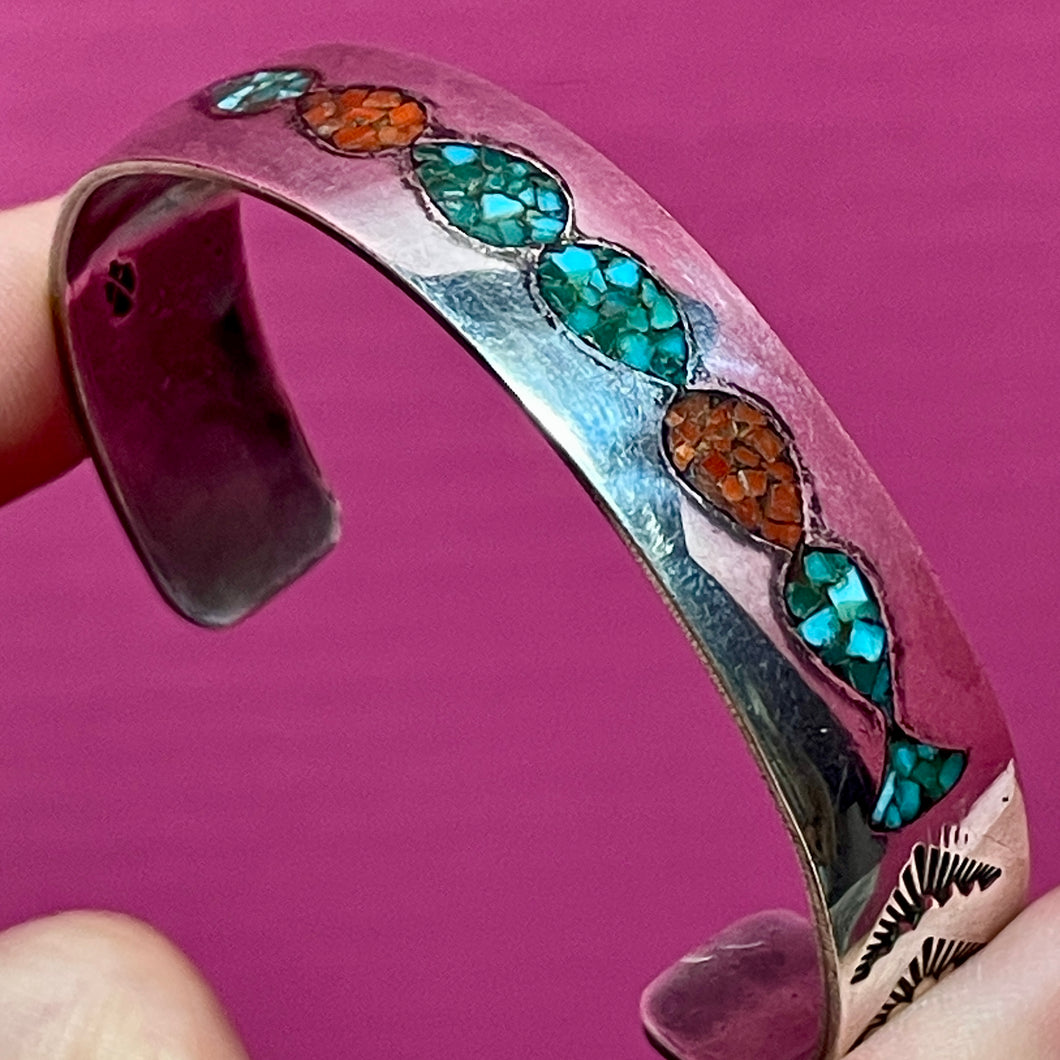SS Heavy Inlaid Cuff Bracelet Signed