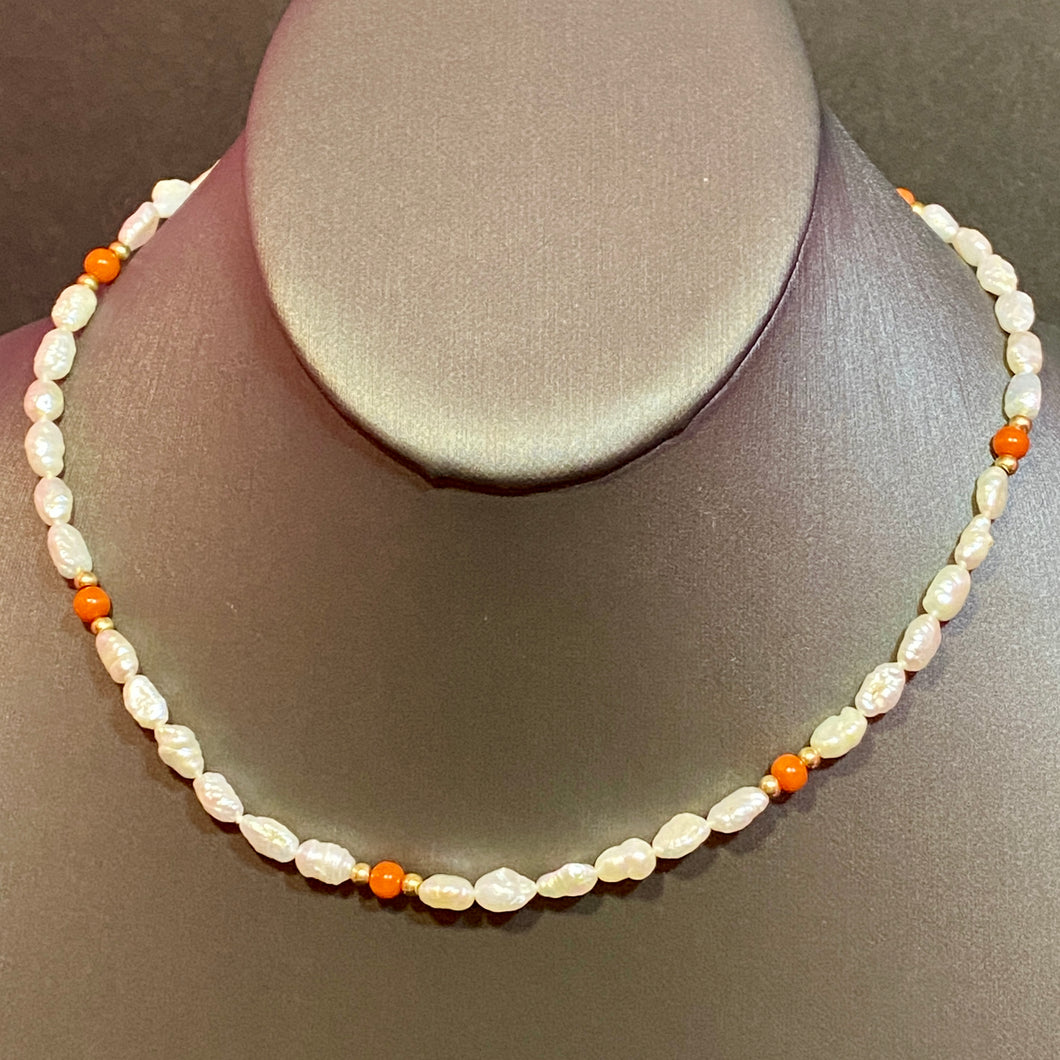 14K Gold Pearl Coral Necklace